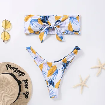 

2019 Fashion Women's Floral Print Sexy Split Bathing Suit Off Shoulder Female Intimates Bandge Lady Lengerie Wire Free Underwear