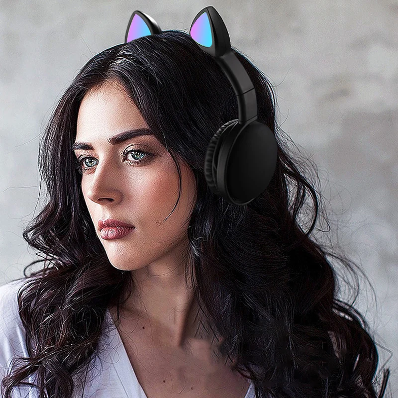 Foldable Bluetooth headphone with cat ears flashing LED light wireless with microphone for children adults girls