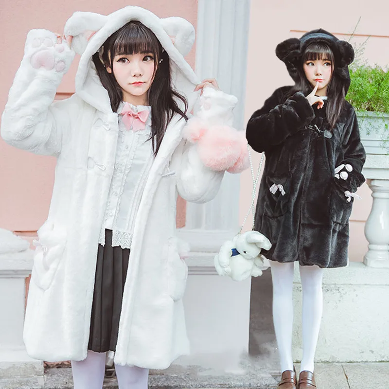 

Japanese college style winter sweet lolita plush coat thicken cute cat horn button medium long overcoat kawaii girl coat loli