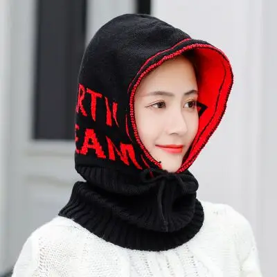 Новые зимние трикотажные изделия Skullies Beanies женские шапки с рисунком для женщин и мужчин Мешковатые теплые утолщенные модные цельные шапки - Цвет: Black Red