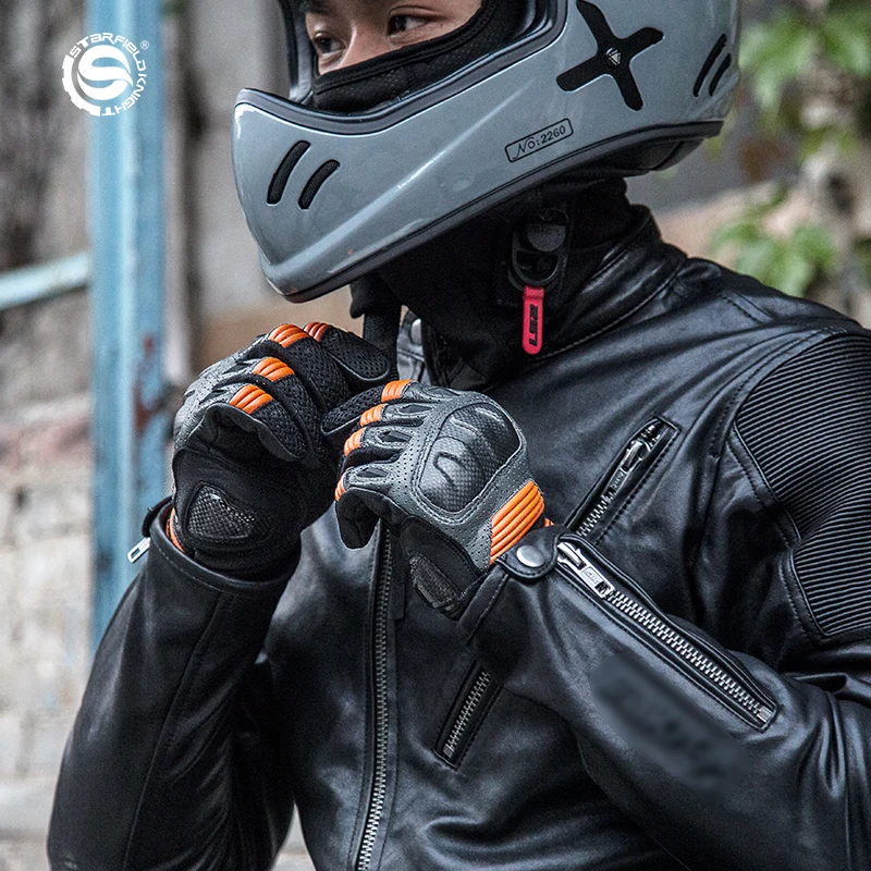 

SFK Motorcycle Men Gloves Goatskin Leather Mesh Summer Breathable Touch Screen Hard Shell Protective Motocross Racing Motorcycle