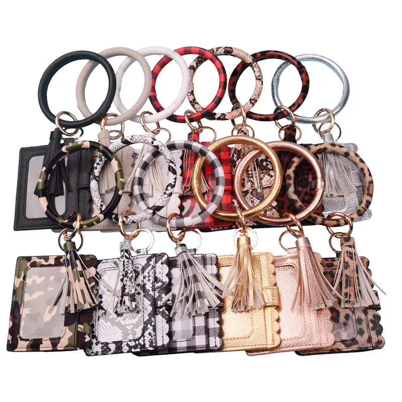 buy 2020 New Hot Sell Keychain Card Bag for Women Men Leopard Snake Wallet PU Leather Tassel Kabaw Fashion Bracelet Keychain Jewelry
