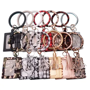 

2020 New Hot Sell Keychain Card Bag for Women Men Leopard Snake Wallet PU Leather Tassel Kabaw Fashion Bracelet Wristlet Jewelry