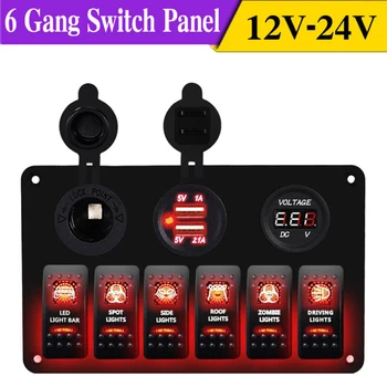 

12V / 24V Universal Car Marine Boat 6-Gang Dual USB Waterproof Circuit Red LED Rocker Switch Panel Breaker Overload Protected