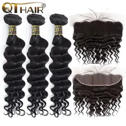 QT волосы 13x4 кружева Фронтальная застежка с пучками малазийские свободные глубокие более волнистые человеческие волосы пучки с закрытием