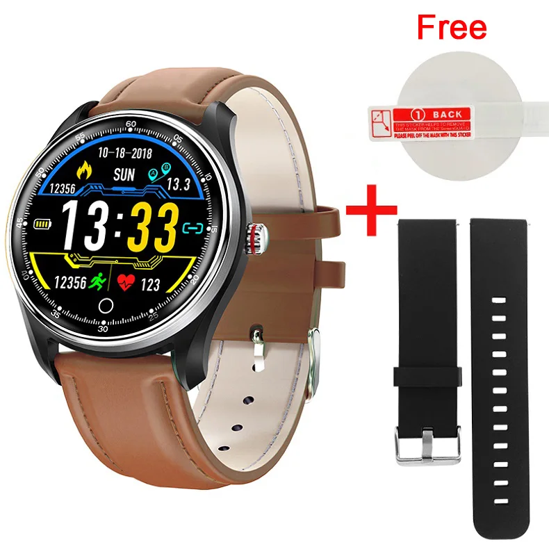 New ECG+PPG Smart Watch Blood Pressure Heart Rate Monitor IP68 Waterproof 8 Multi-Sport Modes Smartwatch For Men Women PK N58 - Color: Brown Leather