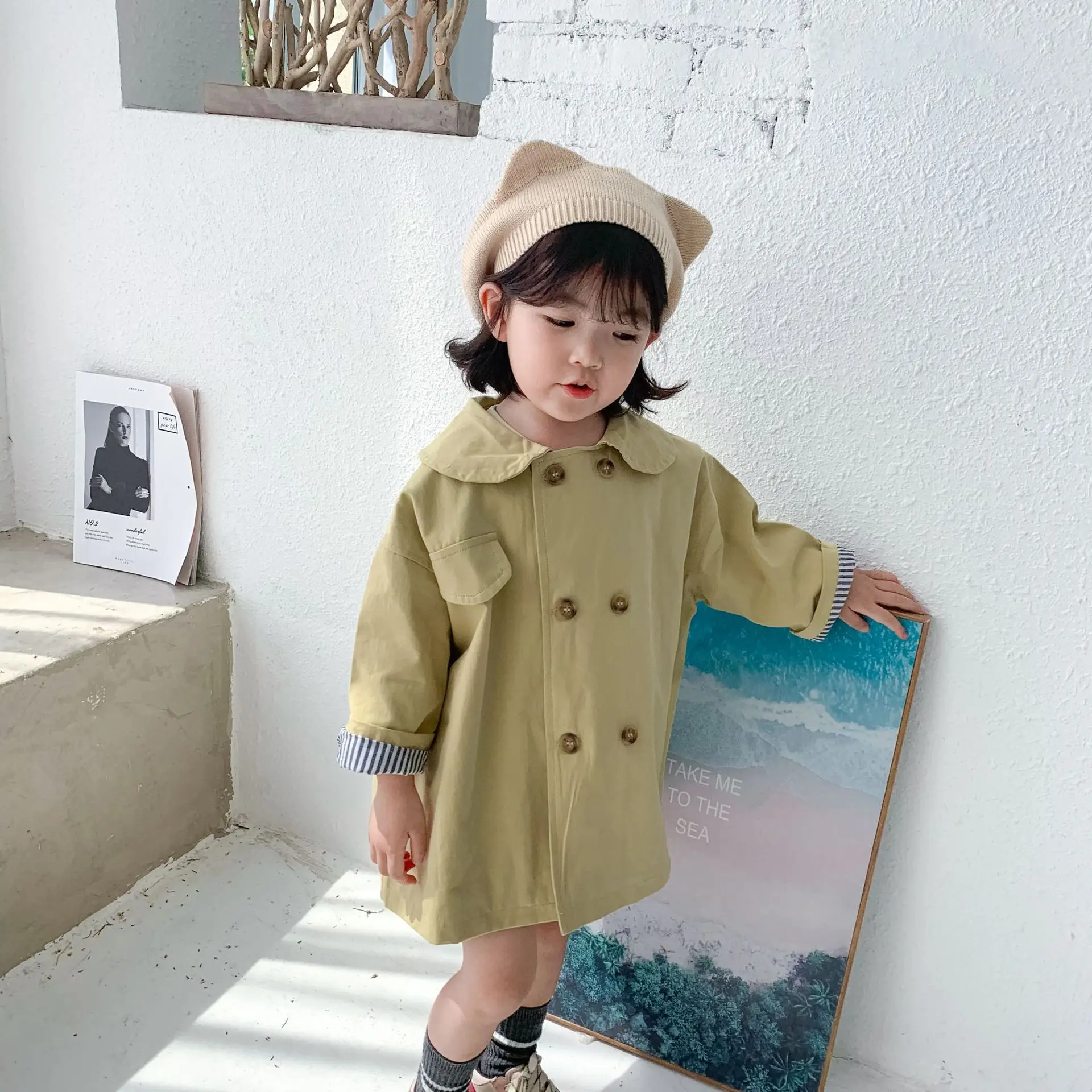 

New autumn Korean style long section long-sleeved sweet turn down collar windbreak jacket outerwear for girls