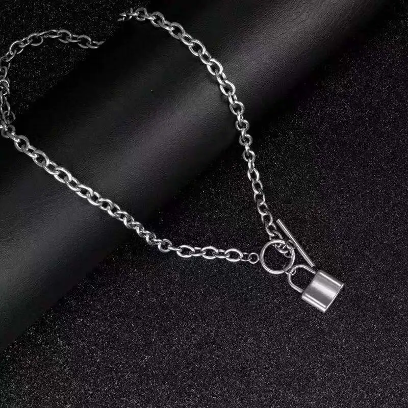 

k-51Punk Double Lock Necklace Silver Link Chain Silver White Padlock Pendant Necklace Women Fashion Gothic Jewelry
