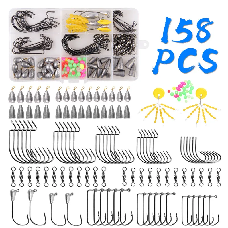 

158pcs/box Texas fishing jig hook set with bullet lead sinker lead head hook float stoppers for bass trout fishing rigs
