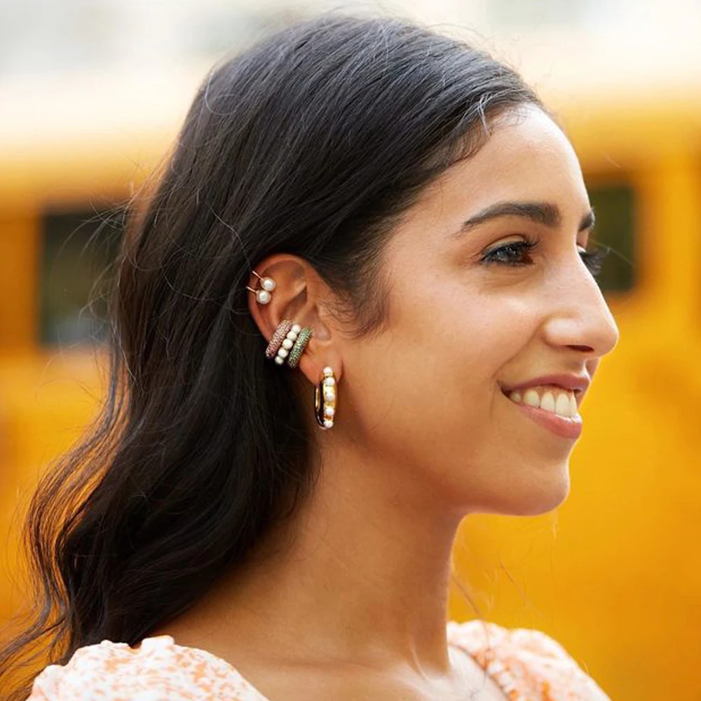 Женские маленькие серьги обручи Huggie с жемчужинами и кристаллами без пирсинга