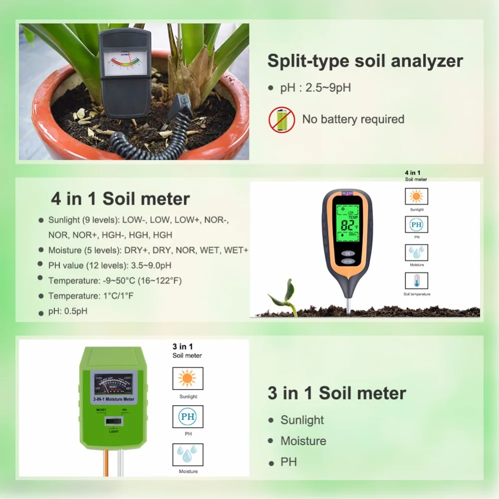 Yieryi Измеритель плодородия почвы тестер измеряет PH влажность почвы температура и влажность солнечного света 5 в 1/4 в 1/3 в 1/2в1