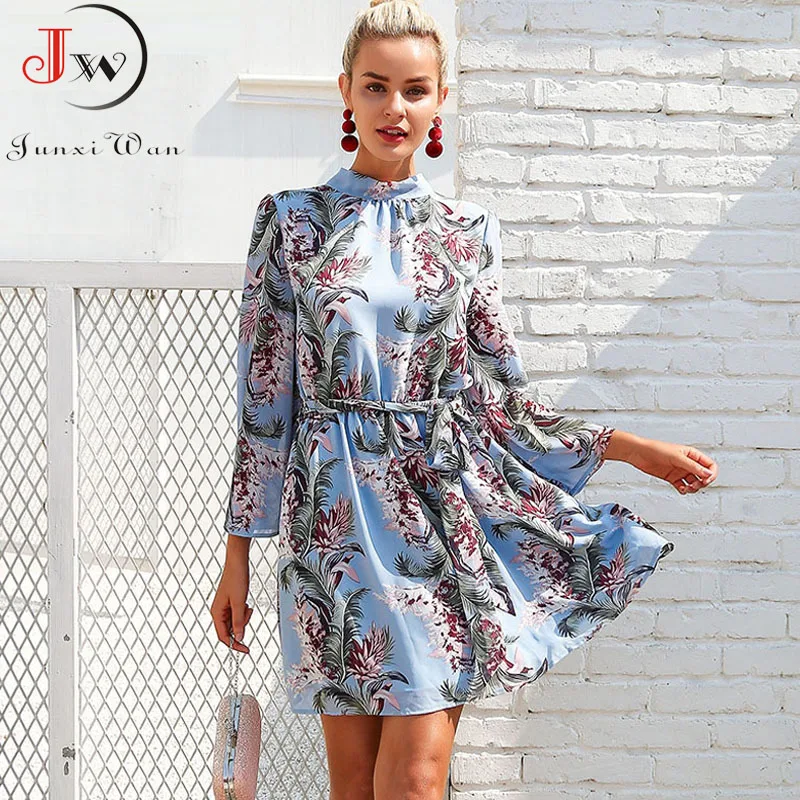 

Women Sexy Backless floral Print Mini Dress Spring Summer Elegant Office lady stand collar Flare Sleeve party dress Plus Size