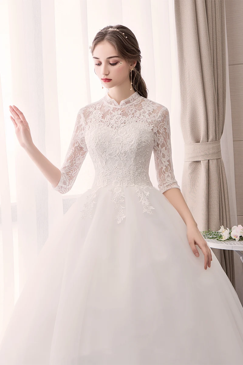Customized Wedding Dresses Ball Gowns Lace Up New Style Bride Half Sleeve French Embroidery Wedding Dress Vestido De Noiva 6