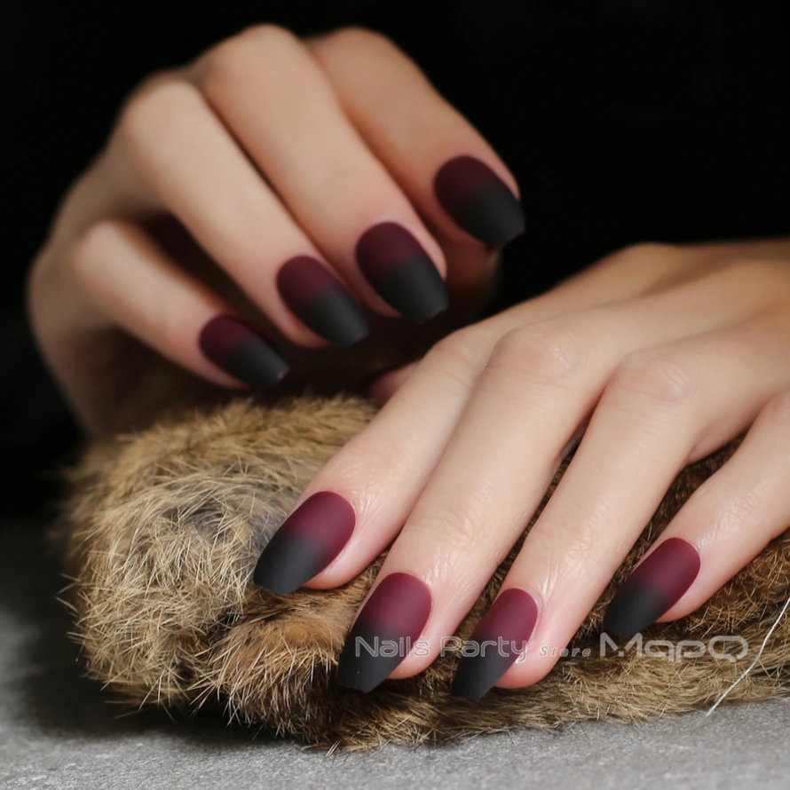 Coffin Gradient False Nails Ballet Black Burgundy Color French Fake Nails Uv Bright Wedding Nails 24pcs Full Set Matte Nails False Nails Aliexpress