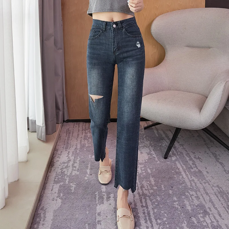 

Denim Light Blue Cowboy Korea Styles Trousers Elastic Thin Pants Female Hole Straight Ankle-length Pants High Waist Washed