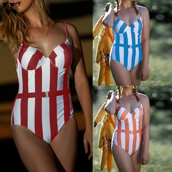 

2020 One Piece Swimsuit Female Retro Striped Swimsuit Push Up Padded High Waist swimwear Women Monokini beachwear Holiday P0