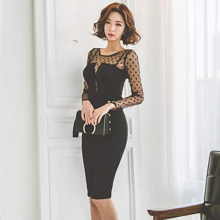 

Black And White with Pattern Voile Sheath Mid-length-Elegant Debutante Long Sleeve Crew Neck Formal Dress Joint Base Dress