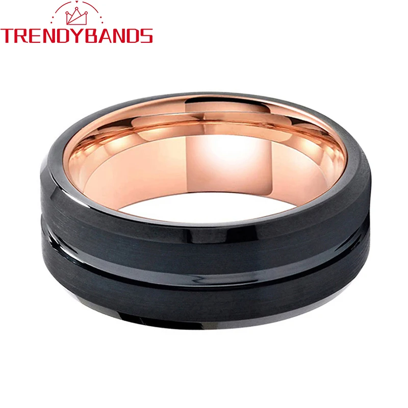 8mm Black Tungsten Wedding Ring Center Grooved for Men Women Two Tone Fashion Jewelry Brushed Finish Comfort Fit
