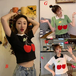 Women's Short Tops Turn-down Knitted Cherry Print Tees Casual T Shirt Short Sleeve Crop Top