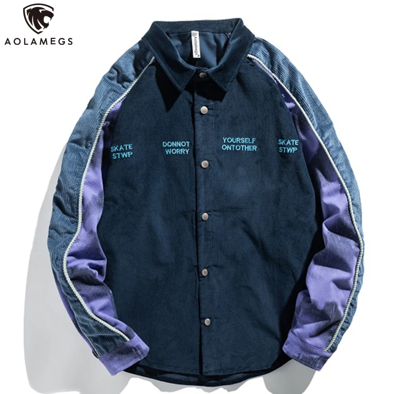 

Aolamegs Men's Autumn Shirts Retro Embroidered Patchwork Hit Color Fashion Cargo Casual Coat Long Sleeve High Street Tops New