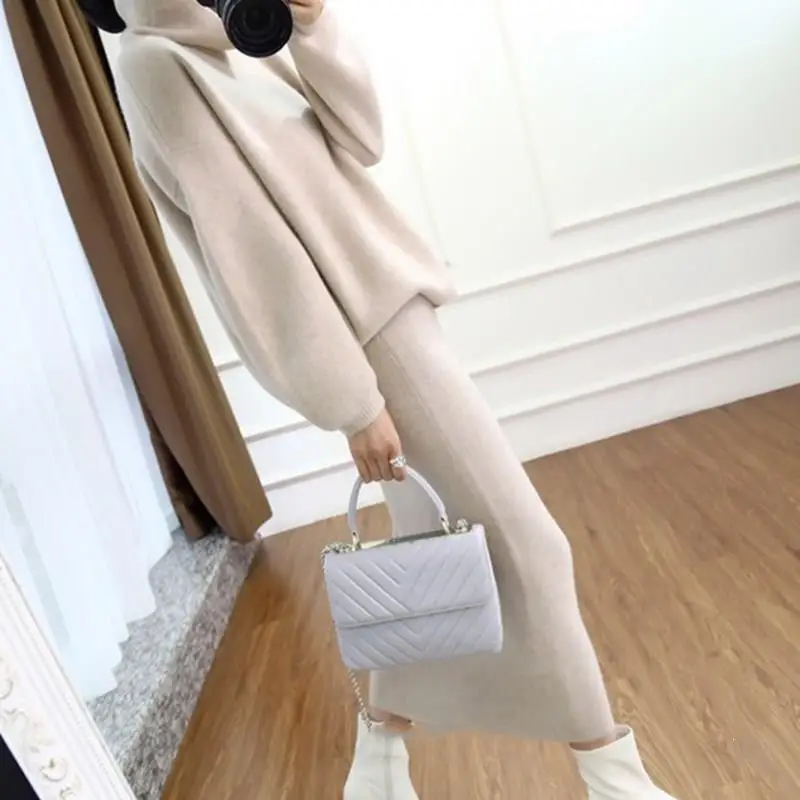 

2019 Autumn Women Knitted 2 Piece Set Solid Long Sleeve Turtleneck Sweater Pencil Skirt Set Lady Knitting Skirt Suit