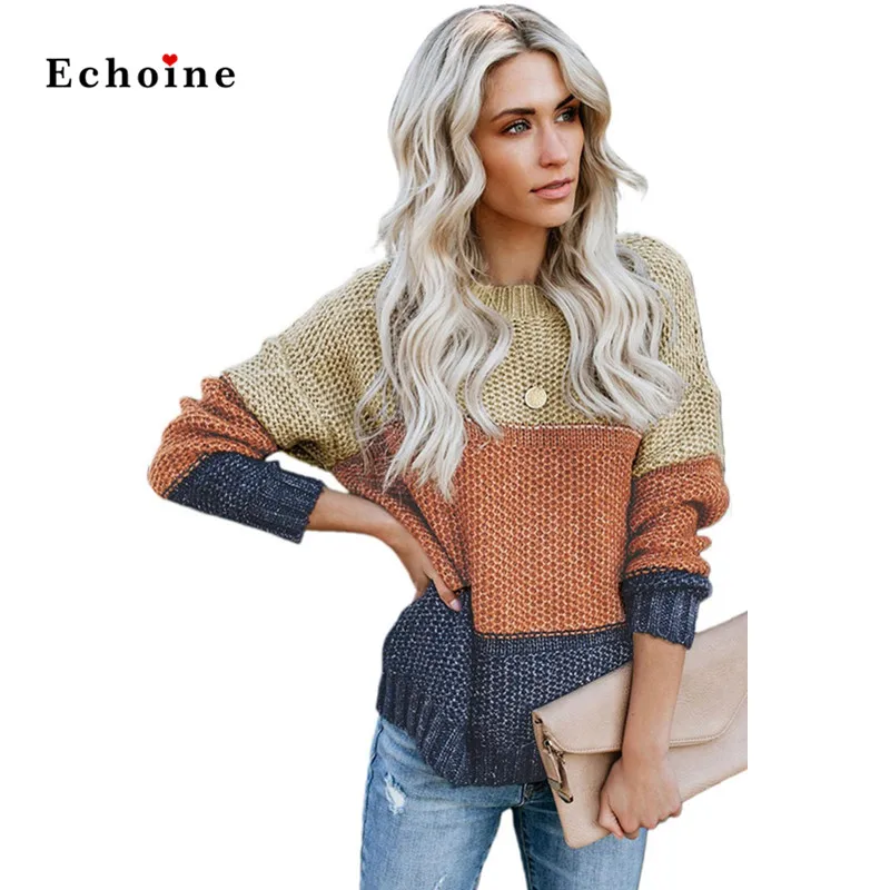 Пуловер женский вязаный с круглым вырезом и длинными рукавами | Женская одежда