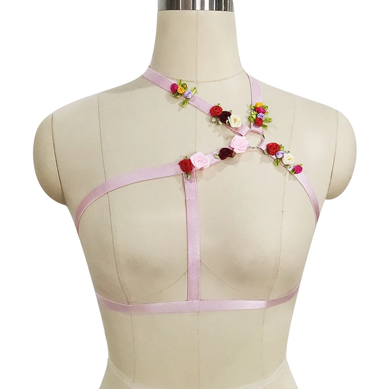 

Розовые цветы Свадебная обвязка Фетиш Топы жгут топа на бретелях было Готический тела жгут белье эластичные модные женские фестиваль рейв