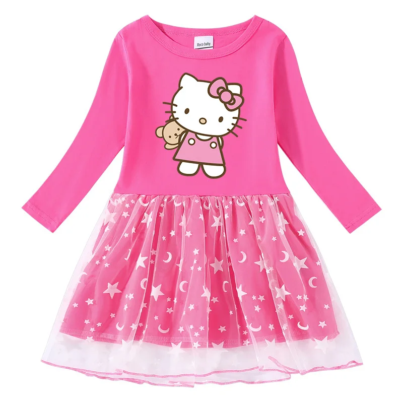 thumbnail image 1 of Hello Kitty primavera y otoño nuevas niñas vestido de algodón con estampado de dibujos animados lindo estrella Luna hilo neto manga larga vestido de princesa plisado, 1 of 4