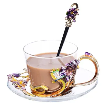 

Colored enamel coffee cups glass tea milk mugs with dish spoon European coffeeware