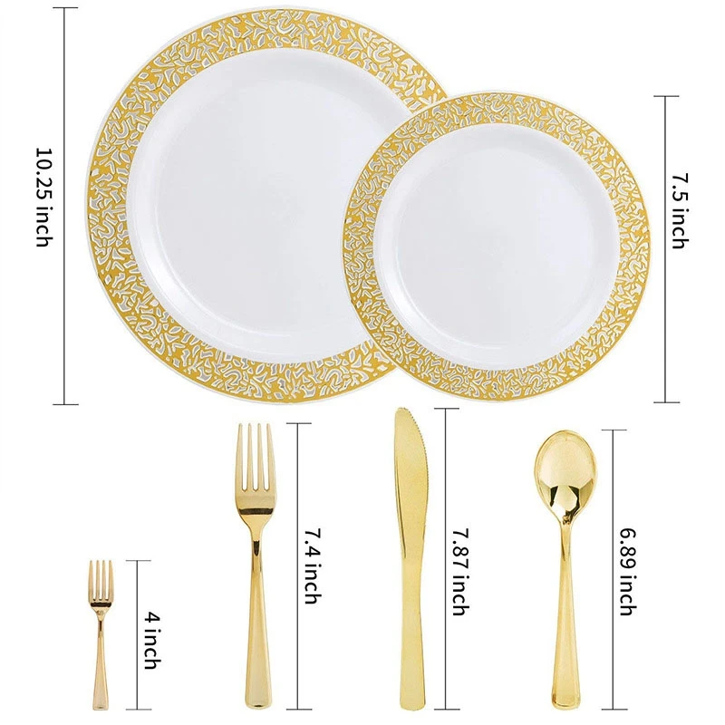 LIXF 150Pcs Gold Plastic Plates with Disposable Plastic Silverware,Lace Design Wedding Party Plastic Tableware Sets for All Holi