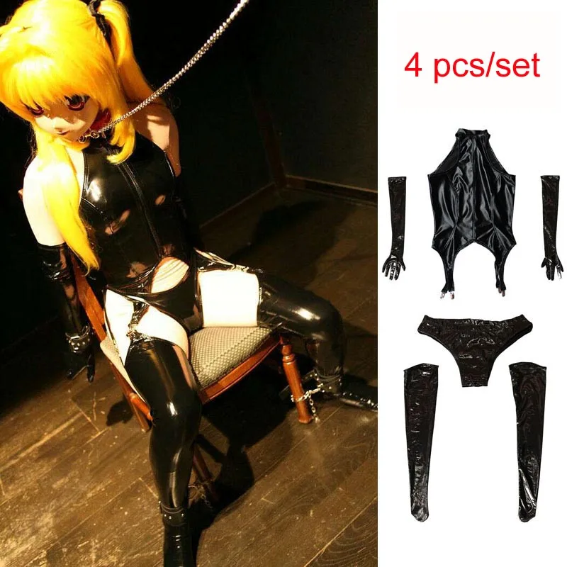 

4pcs/set Plus Size Cosplay Anime Maid Costume PVC Wetlook Catsuit Bodystocking Sexy Hot Erotic Bodysuit Babydoll Golves Stocking