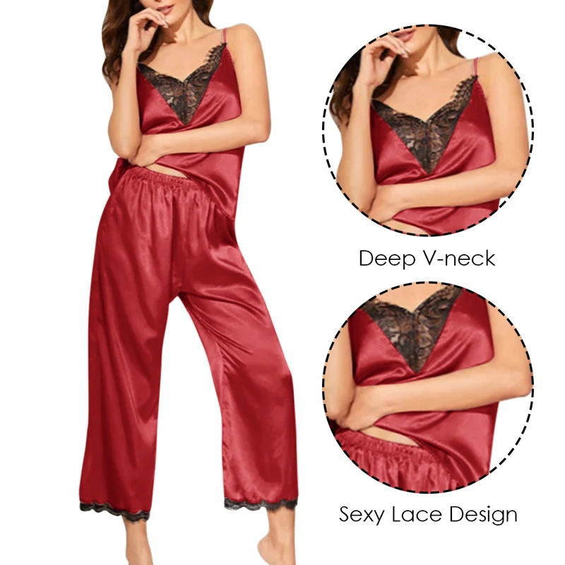 OEAK Women's Sling Pajamas Set Simulation Silk Sexy Lace Large Size Casual Home Pajamas Set New