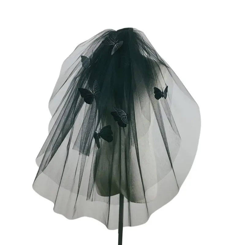 

Gothic Style 3 Layers Women Wedding Veil BUtterfly Decor Tulle Mesh with Comb