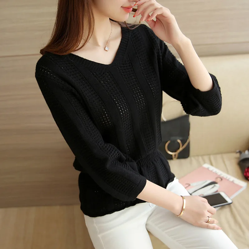 autumn new hollow V-neck sweater women's Korean casual fashion sweater nine-point sleeve thin loose waist bottoming shirt