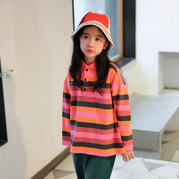 

Girls' 2020 Spring and Autumn New Children's T-shirt Bottom Shirts Fashion Multicolor Stripes Long-sleeve T-shirt