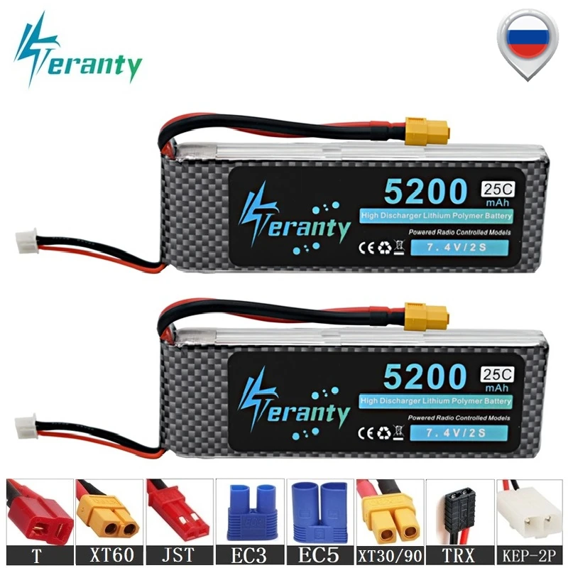 Teranty power Racing Cars 2S lipo Аккумулятор 7,4 v 5200mAh для радиоуправляемого вертолета, радиоуправляемого автомобиля, лодки, квадрокоптера 7,4 v Li-Polymer battey 2 шт