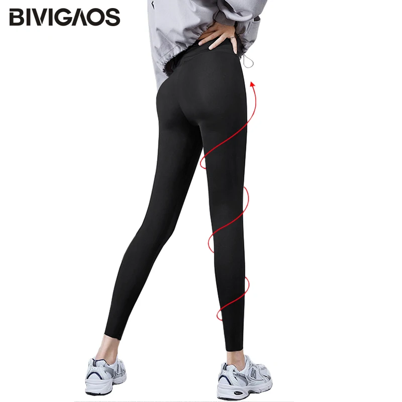 Workout Leggings Micro-Pressure Black BIVIGAOS Sport Hip-Lifting Sharkskin Slim