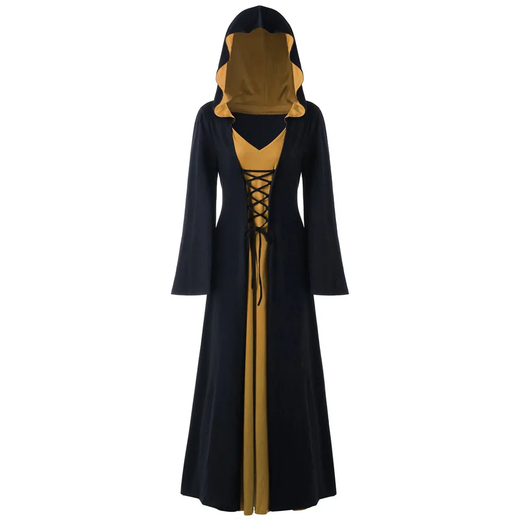 Костюм на Хэллоуин для женщин готический костюм ведьмы с капюшоном длинное платье крест-накрест бандажный костюм для косплея для Хэллоуина для сцены