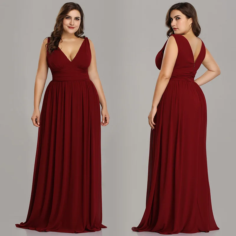 ТРАПЕЦИЕВИДНОЕ платье в пол размера плюс платье подружки невесты простое шифоновое плиссированное платье с v-образным вырезом Вечерние платья - Цвет: Красный