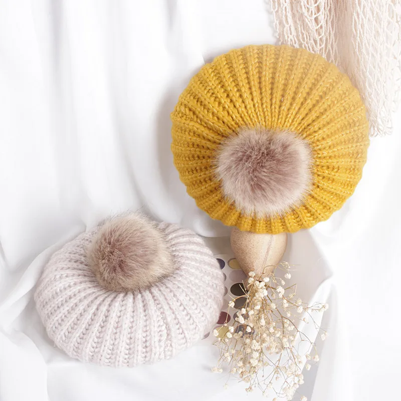 2-6Y Autumn Winter Kids Baby Girls Warm Hats Balls Knit Solid Beanies Hats Caps Outfits 7 Colors
