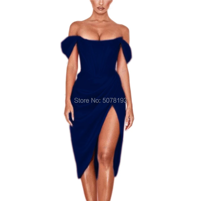 ROYAL-BLUE 1291 черные вечерние платья с овальным вырезом из натурального прямого матового сатина длиной до середины икры/вечерние плиссированные платья с разрезом и молнией - Цвет: ROYAL-BLUE