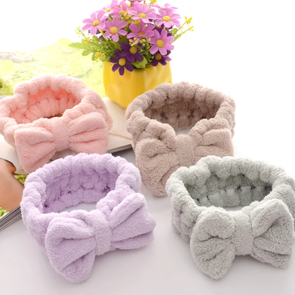 1 PC elástico ducha diadema para balneario lavarse la cara maquillaje diadema Coral blando de Bowknot para el pelo sombreros para las mujeres