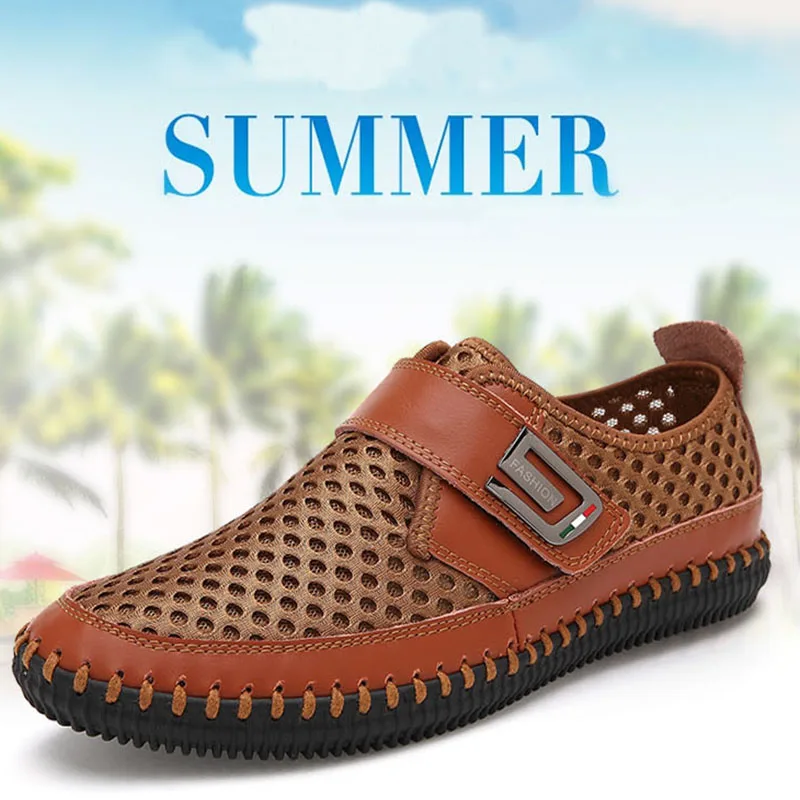 Men Summer Shoes Leather Flats Loafers Outdoor Walking Hole Sandals for Man Comfortable Beach shoes chaussure homme | Обувь