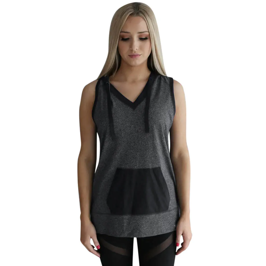 Спортивная майка, Женская Повседневная Свободная майка, без рукавов, с капюшоном, с карманами, топы, модная женская майка, сохраняющая форму, одежда, блузка L1210