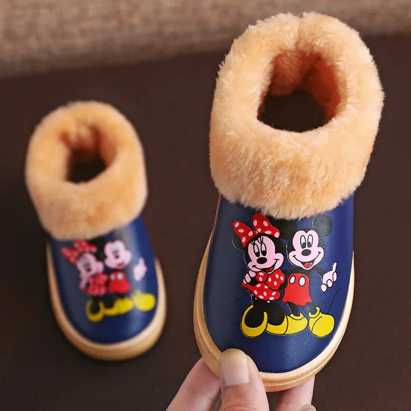 Disney/детские тапочки с рисунком Минни и Микки для мальчиков и девочек; сезон осень-зима; Нескользящие мягкие хлопковые тапочки; Толстая теплая хлопковая обувь