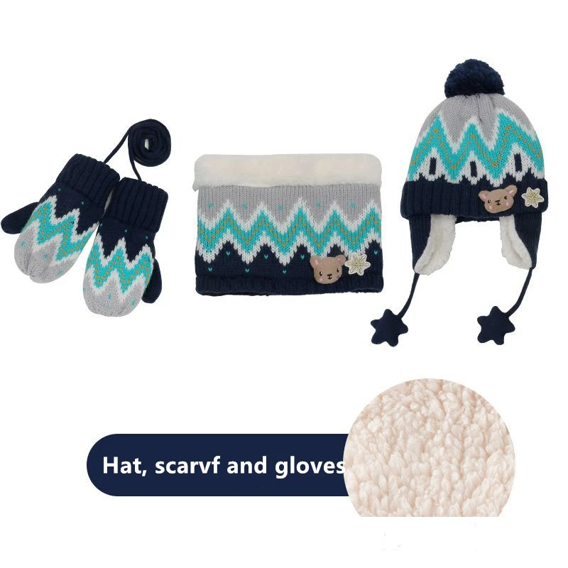 Cute Animals Winter Children Hat Scarf And Gloves 3pcs/lot Baby Girl Boy Hat Winter Double Layer Knit Warm Caps Kids Velvet Hat - Цвет: Gloves Hat And Scarf