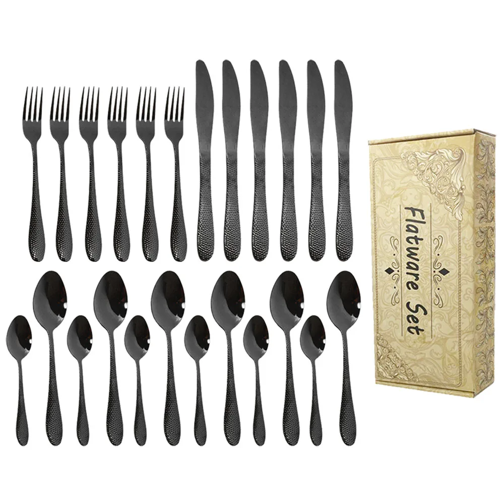 24Pcs Black Flatware Set Stainless Steel Silverware Set Kitchen Cutlery Service