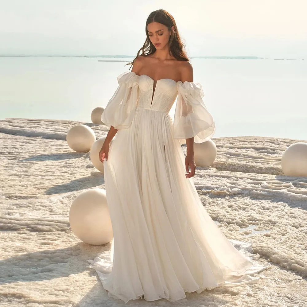 

Boho Wedding Dresses Beach Strapless Long Puffy Sleeves Chiffon V-Neck Wedding Gown Sweep Train Custom Made Bridal Gown