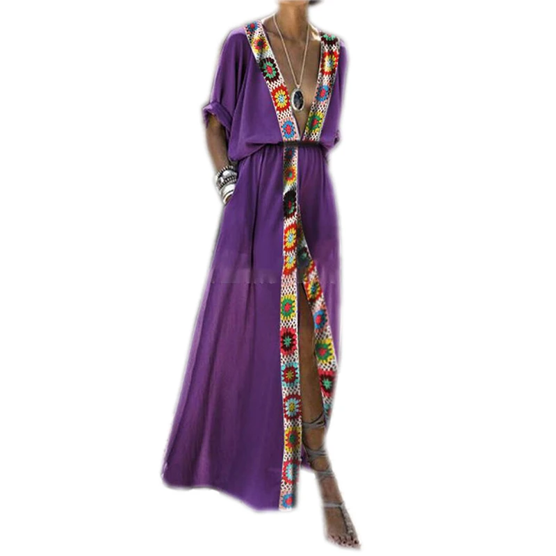 

Women Dress Open Stitch Fashion Split Sexy Beach Holiday Loose Dresses Ethnic Print Summer Lady Long Plus Size Vacation Dresses