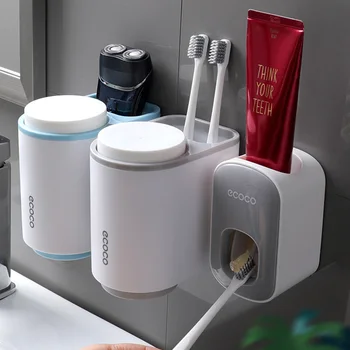 

GURET Bathroom Accessories Sets Wall Toothbrush Holder Automatic Toothpaste Squeezer Dispenser Sets For WC Home Storage Rack